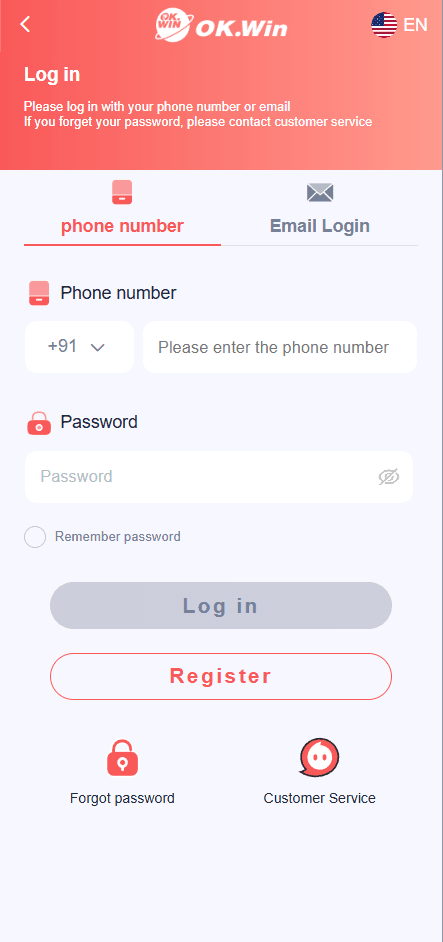 OK.Win mobile app — log in with phone or email