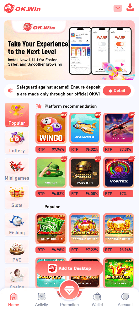 OK.Win app home — games, promotions, and quick access